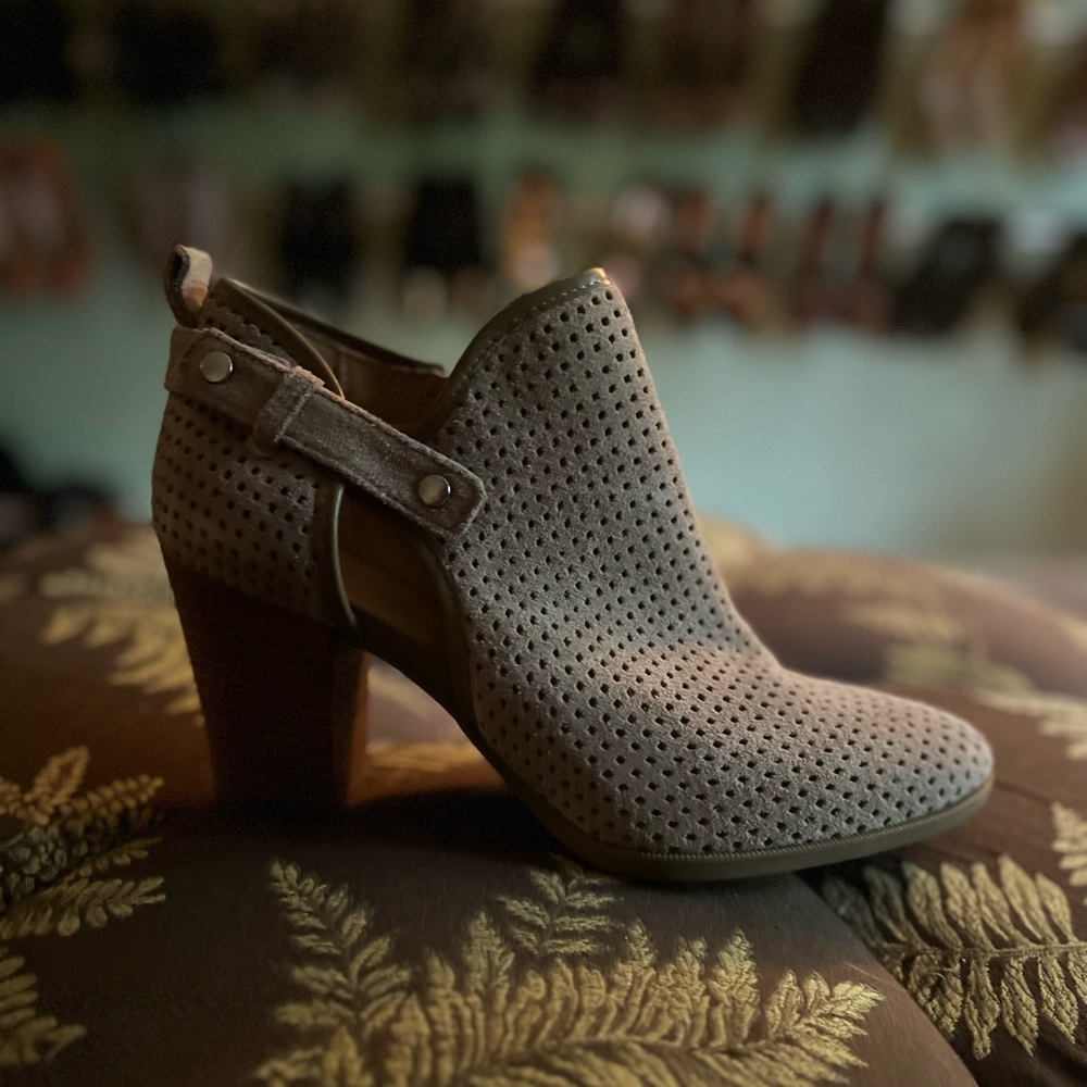 Franco Sarto Dale 2 laser cut suede tan ankle booties